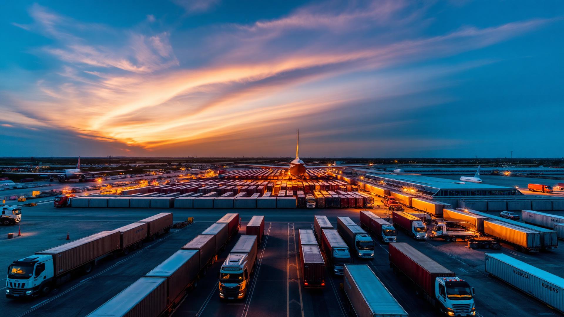 Hub logístico de carga aérea ao entardecer